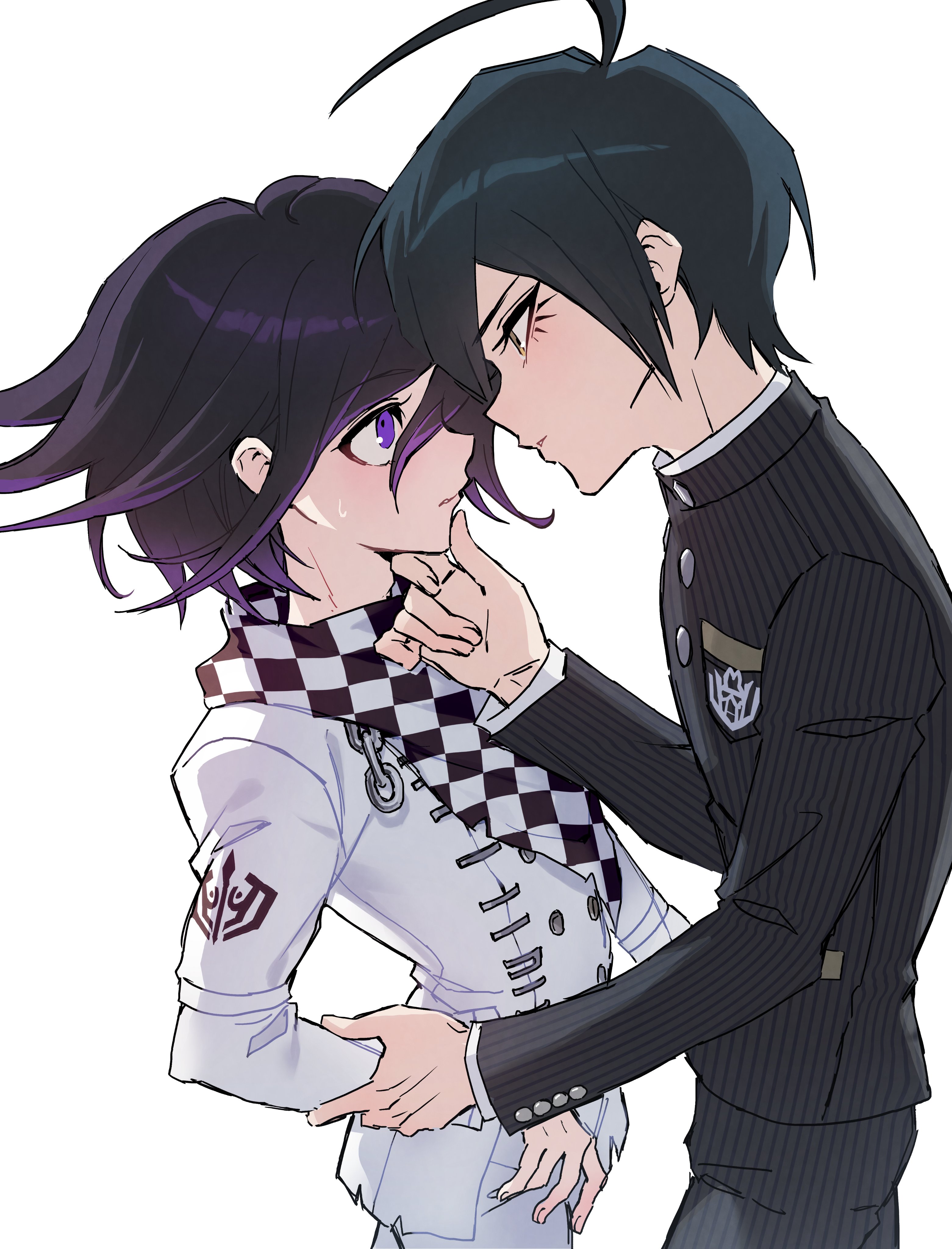 ttegi (ddeck dg), oma kokichi, saihara shuichi, danganronpa (series), danganronpa v3: killing harmony, absurdres, commentary request, highres, korean commentary, 2boys, arm belt, bishounen, black hair, blush, buttons, checkered clothes, checkered scarf, flipped hair, from side, hair between eyes, hand on another's chin, height difference, holding another's arm, jacket, long sleeves, lower eyelashes only, male focus, medium hair, multiple boys, pants, perspective, pinstripe jacket, pinstripe pants, pinstripe pattern, profile, purple eyes, purple hair, scarf, short hair, simple background, sweat, two-tone scarf, upper body, white background, yaoi