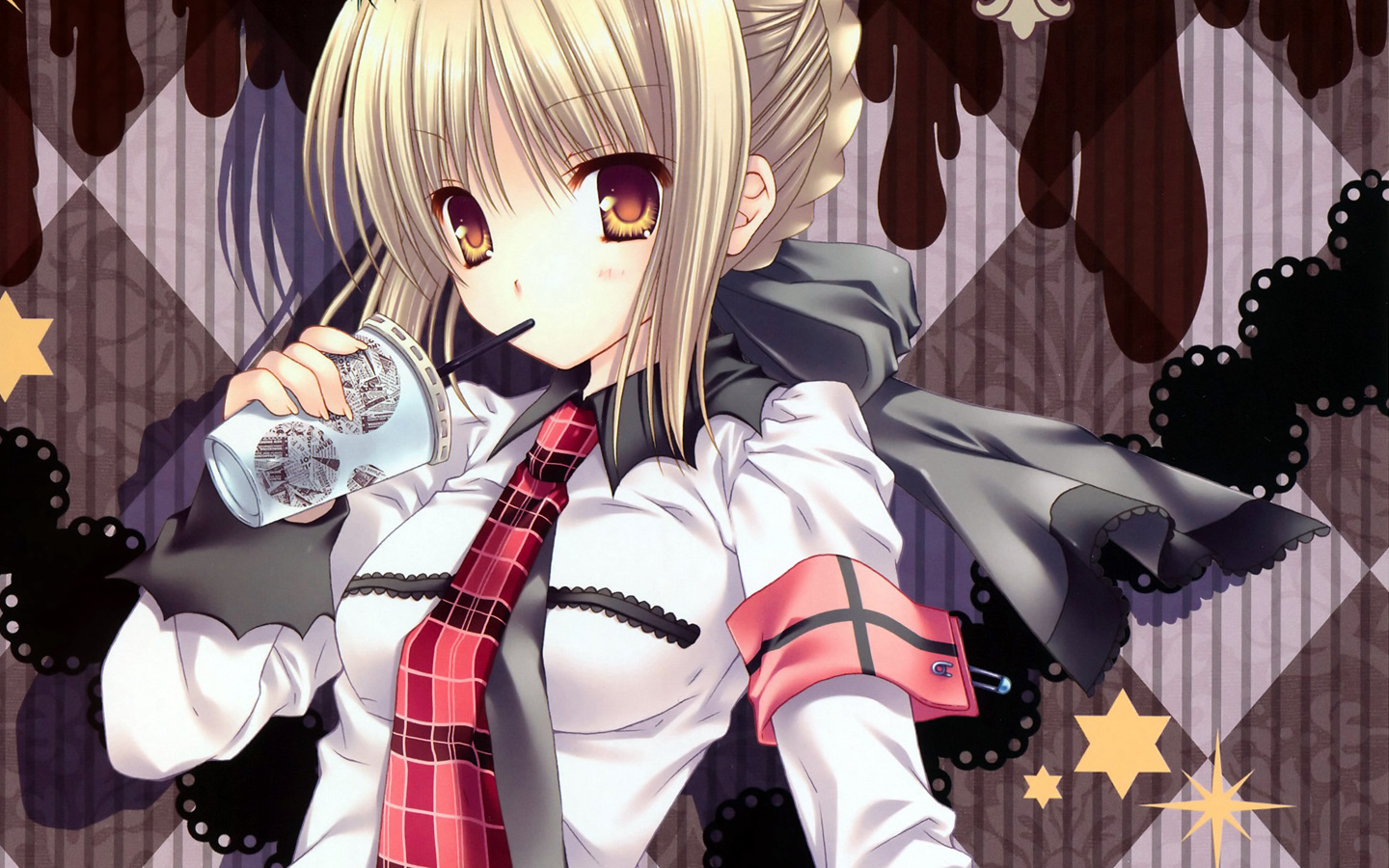 wnb mark, artoria pendragon (fate), saber (fate), fate/stay night, fate (series), plaid, 00s, alternate costume, blonde hair, cup, goth fashion, solo
