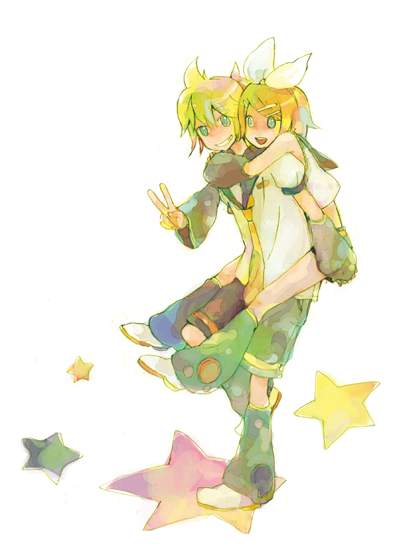 den, kagamine len, kagamine rin, vocaloid, 1boy, 1girl, :d, black leg warmers, blonde hair, blue eyes, bow, bow headband, carrying, crop top, detached sleeves, grin, hair ornament, hairclip, leg warmers, neckerchief, necktie, open mouth, piggyback, ponytail, puffy sleeves, short hair, short ponytail, shorts, sleeveless, smile, star (symbol), v, white bow, yellow neckerchief, yellow necktie