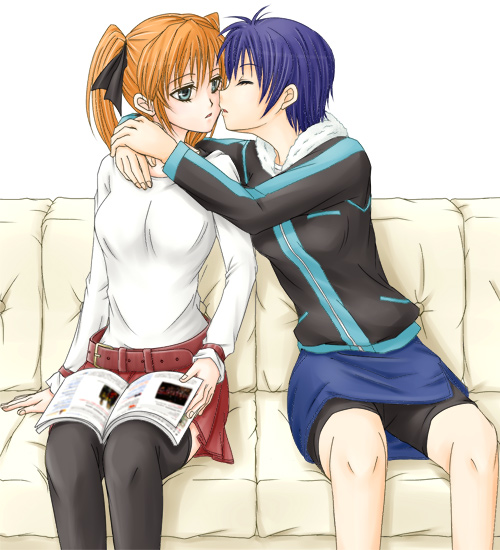 subaru nakajima, teana lanster, lyrical nanoha, mahou shoujo lyrical nanoha, mahou shoujo lyrical nanoha strikers, 00s, 2girls, bike shorts, casual, closed eyes, hug, imminent kiss, multiple girls, sitting, thighhighs, yuri