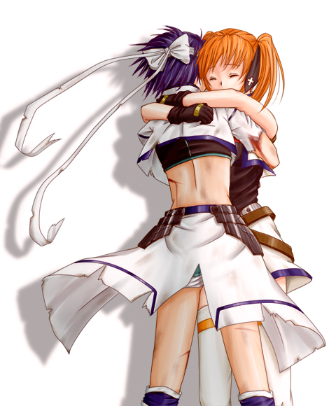 subaru nakajima, teana lanster, lyrical nanoha, mahou shoujo lyrical nanoha, mahou shoujo lyrical nanoha strikers, 00s, 2girls, armor, blood, bow, bruise, cross, from behind, gloves, hair ribbon, headband, hug, injury, latin cross, midriff, multiple girls, orange hair, purple hair, ribbon, short hair, short twintails, simple background, twintails