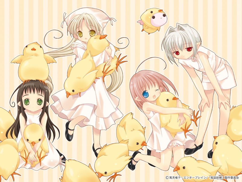kururu (binzume yousei), tokumi yuiko, chiriri (binzume yousei), hororo (binzume yousei), kururu (bottle fairy), oboro (binzume yousei), oboro (bottle fairy), sarara (binzume yousei), binzume yousei, 00s, 4girls, baby animal, bird, chick, mary janes, multiple girls, pointy ears, shoes