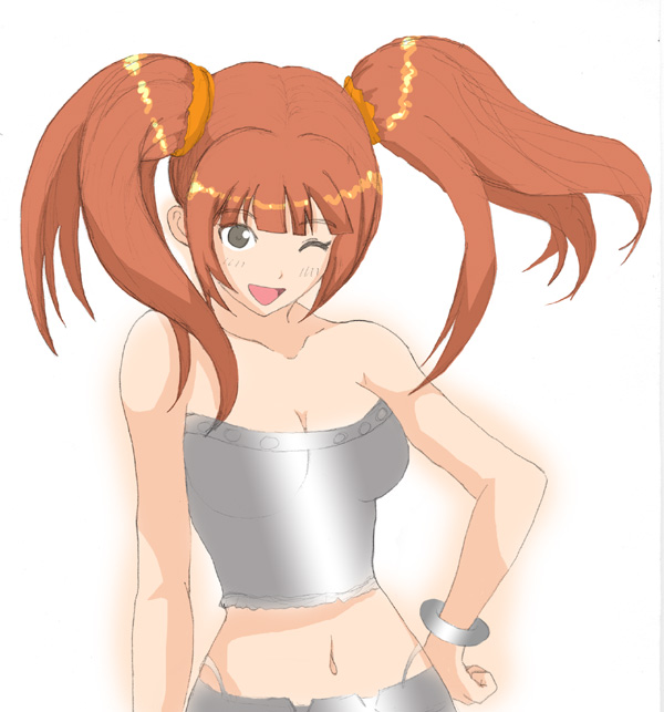 willwind30, takatsuki yayoi, idolmaster, idolmaster (classic), idolmaster 1, 00s, 1girl, aged up, bare shoulders, breasts, brown hair, cleavage, female focus, grey eyes, one eye closed, small breasts, solo, twintails, wink