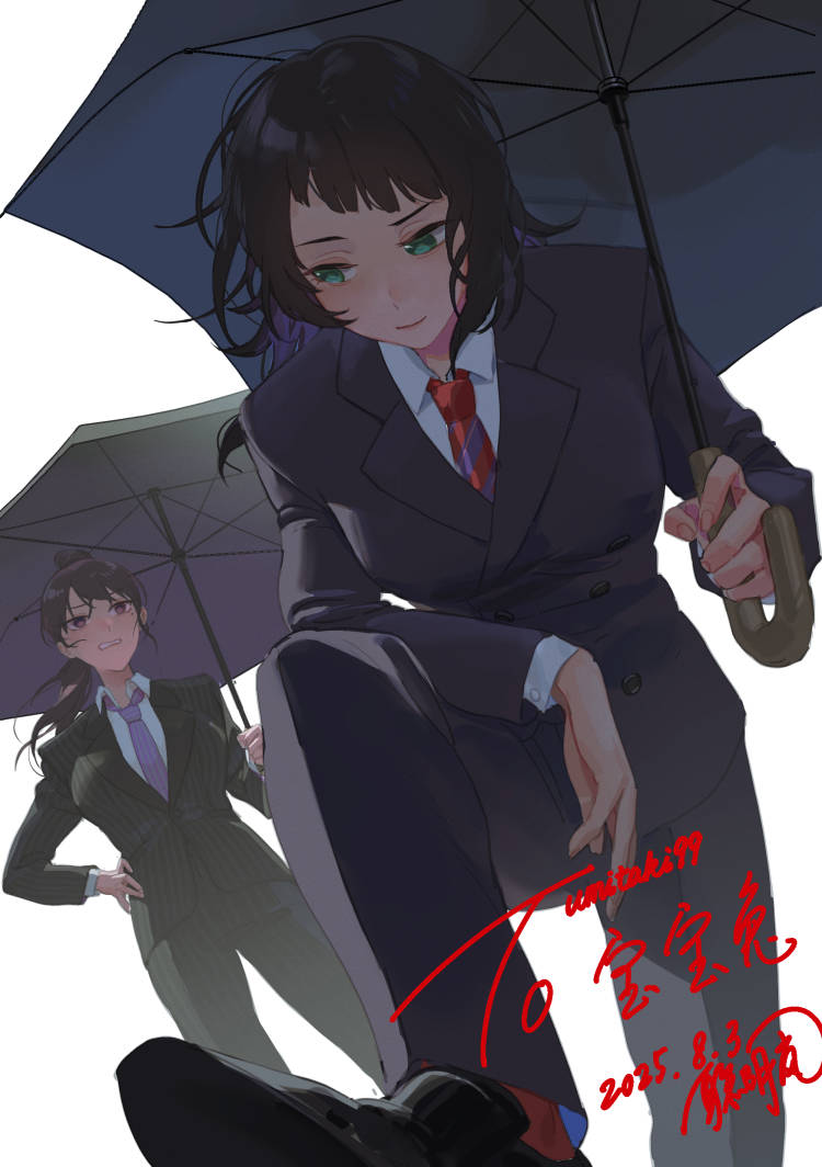 congming lan, shiina taki, yahata umiri, bang dream!, bang dream! it's mygo!!!!!, chinese commentary, commentary request, 2girls, alternate costume, alternate hairstyle, black hair, black jacket, black pants, black suit, black umbrella, breasts, closed mouth, collared shirt, dated, formal clothes, from below, hand on own hip, holding, holding umbrella, jacket, loafers, long hair, long sleeves, looking at another, looking back, medium breasts, medium hair, multiple girls, necktie, pants, ponytail, purple eyes, purple necktie, red necktie, shirt, shoes, signature, simple background, suit, umbrella, white background, white shirt