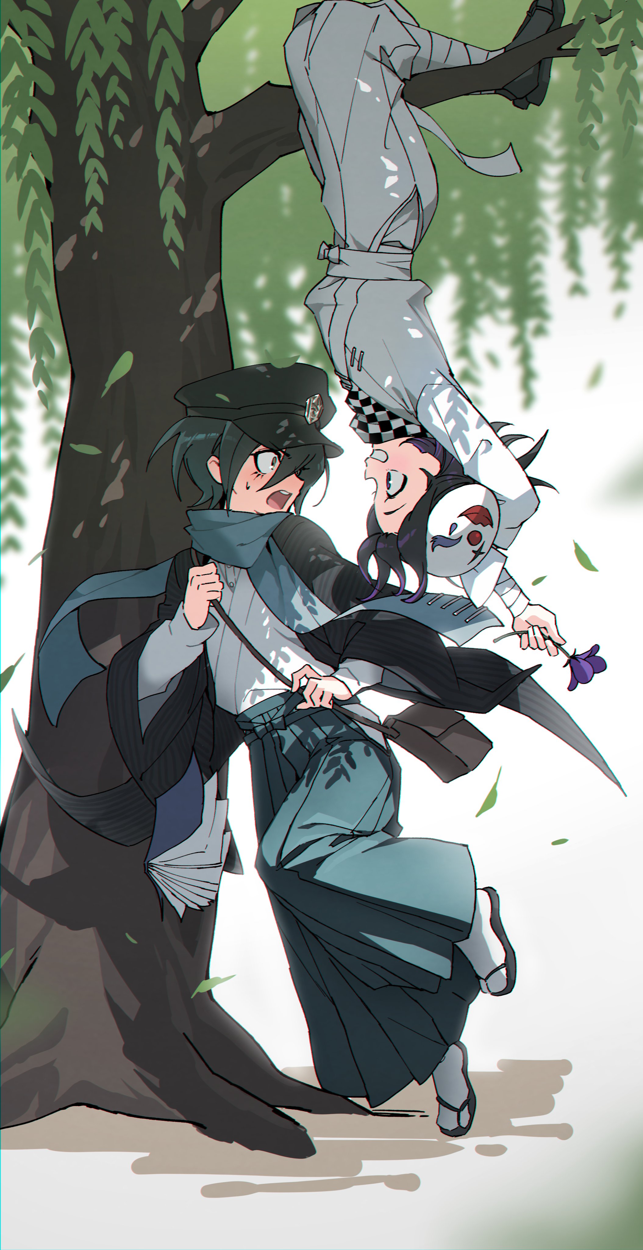 ttegi (ddeck dg), oma kokichi, saihara shuichi, danganronpa (series), danganronpa v3: killing harmony, absurdres, commentary request, highres, korean commentary, 2boys, ahoge, alternate costume, arm behind head, bandaged leg, bandages, black hair, blue scarf, blush, book, branch, checkered clothes, checkered scarf, clown mask, dropping, flower, grin, hair between eyes, hakama, hanging from tree, hat, holding, holding flower, japanese clothes, long sleeves, male focus, mask, mask on head, medium hair, multiple boys, open mouth, peaked cap, purple eyes, purple flower, purple hair, sandals, sash, scarf, smile, socks, surprised, tree, two-tone scarf, upside-down, white socks, wide-eyed, yellow eyes