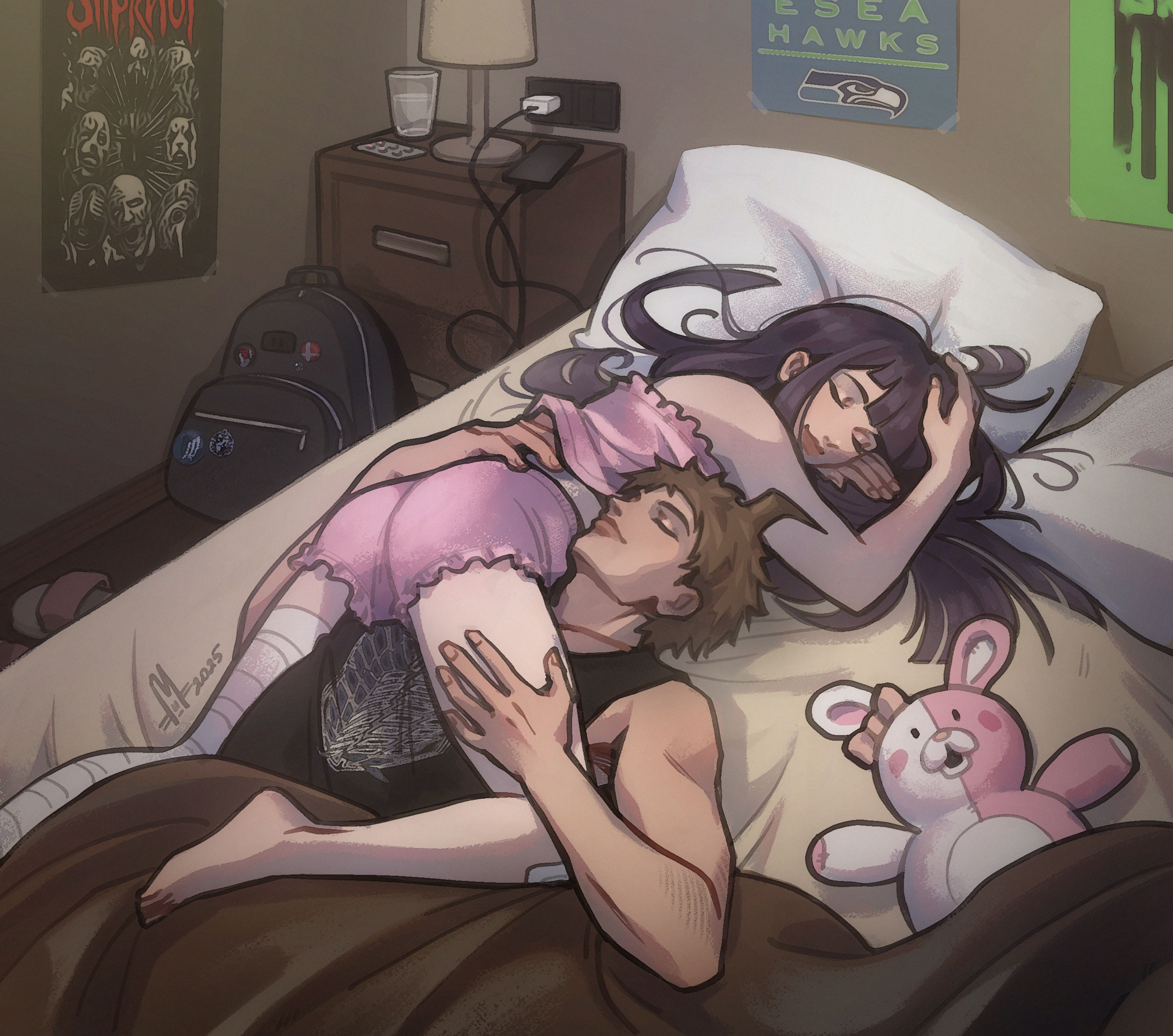 hinata hajime, monomi (danganronpa), tsumiki mikan, danganronpa (series), danganronpa 2: goodbye despair, slipknot, commission, highres, 1boy, 1girl, bag, bed, brown hair, long hair, marmuruah, purple hair, school bag, sleeping, sleeping on person, sleepwear