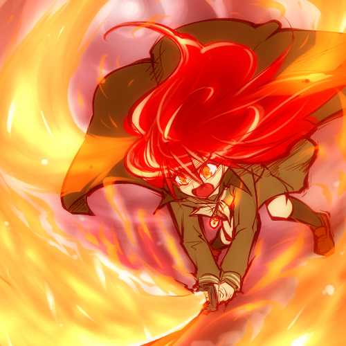 hairu, alastor (shakugan no shana), shana, shakugan no shana, lowres, 00s, 1girl, cape, female focus, fire, jewelry, long hair, open mouth, pendant, red hair, solo, sword, weapon