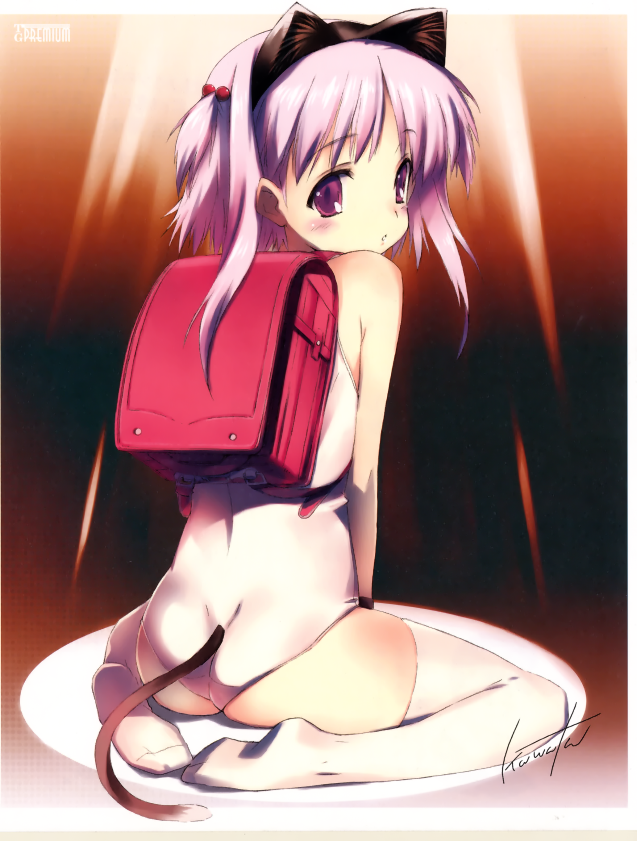 kawata hisashi, onnanoko suwari, nanako, nanako (to heart 2), to heart (series), to heart 2, to heart 2 ad, absurdres, highres, scan, 00s, 1girl, animal ears, ass, backpack, bag, blush, cat ears, cat tail, clothing cutout, dimples of venus, female focus, from behind, hair bobbles, hair ornament, loli, looking back, one-piece swimsuit, pink hair, purple eyes, purple hair, randoseru, school swimsuit, short hair, short twintails, signature, sitting, solo, swimsuit, tail, tail through clothes, thighhighs, twintails, white one-piece swimsuit, white school swimsuit, white thighhighs