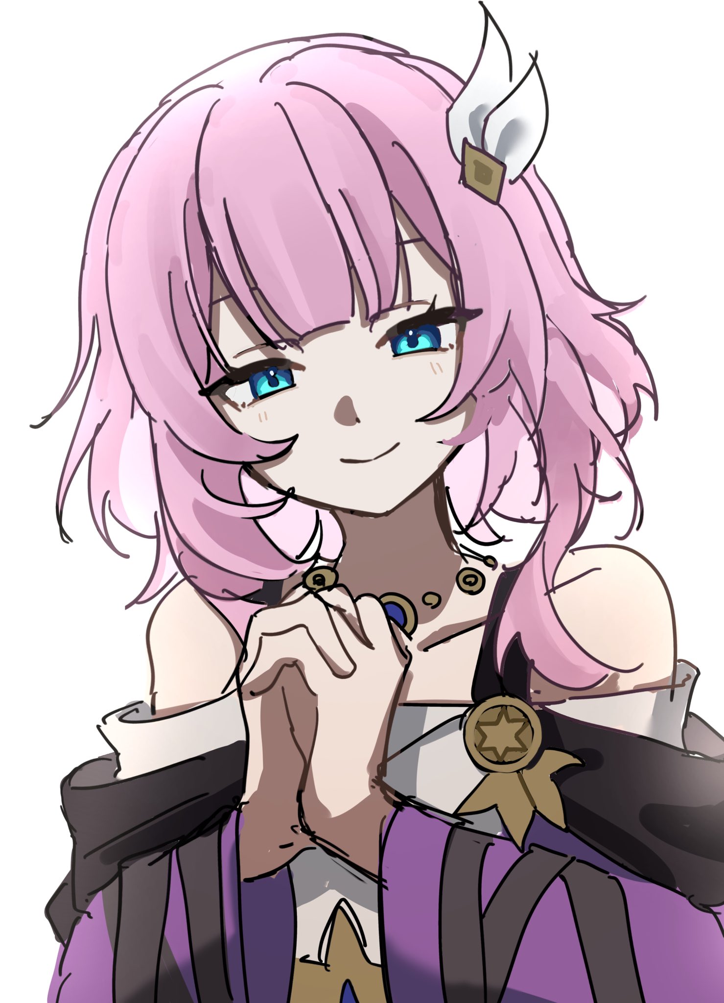 cyrene (honkai: star rail), honkai: star rail, honkai (series), commentary request, derivative work, highres, 1girl, bare shoulders, blue eyes, coat, dress, hair ornament, jewelry, kurokun1025, necklace, own hands together, pink hair, purple coat, short hair, simple background, smile, solo, upper body, white background, white dress