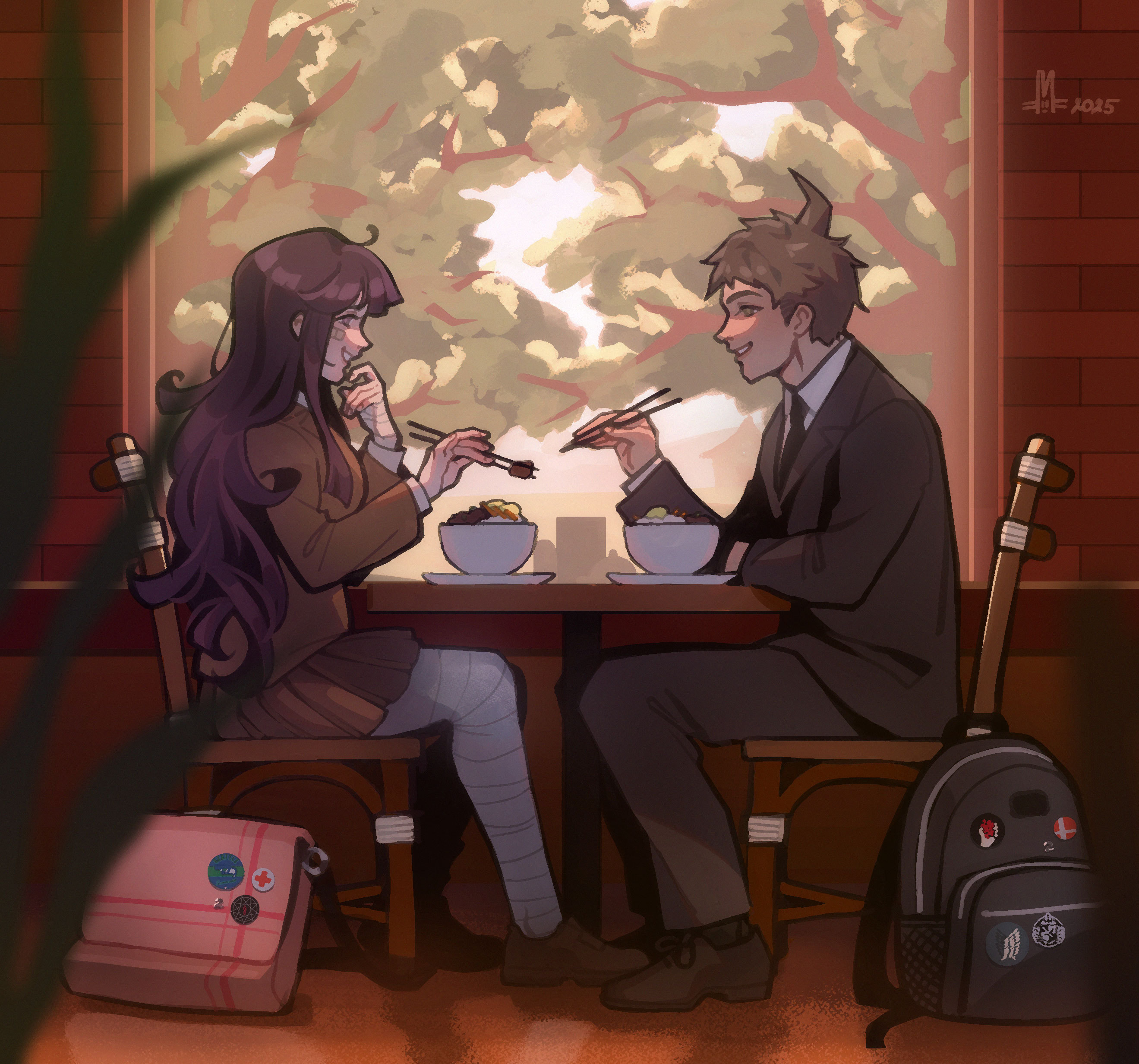 hinata hajime, tsumiki mikan, danganronpa (series), danganronpa 2: goodbye despair, slipknot, absurdres, commission, highres, 1boy, 1girl, bag, bandages, brown eyes, brown hair, chopsticks, food, formal clothes, holding, holding chopsticks, marmuruah, purple eyes, purple hair, school bag, school uniform, suit, window
