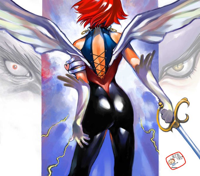 takahashi kenji, cutie honey (character), kisaragi honey, cutie honey, toei company, bad id, bad pixiv id, 1girl, artist name, ass, back, female focus, from behind, gloves, magical girl, red hair, short hair, signature, solo, sword, weapon, wings