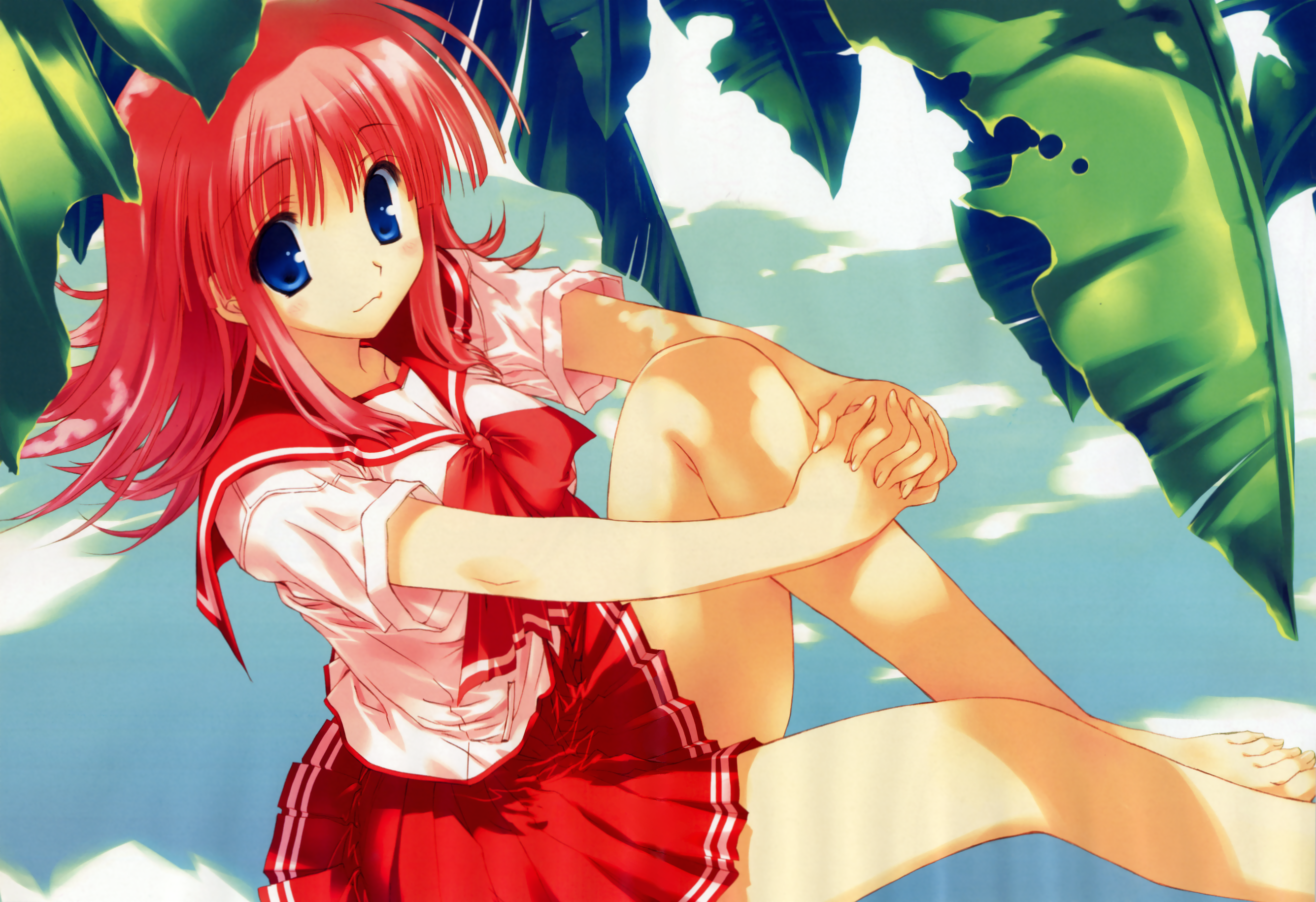 mitsumi misato, kouno harumi (to heart), milfa (to heart), to heart (series), to heart 2, to heart 2 ad, highres, 00s, 1girl, another days, barefoot, blue eyes, dappled sunlight, female focus, pink hair, school uniform, serafuku, skirt, solo, sunlight