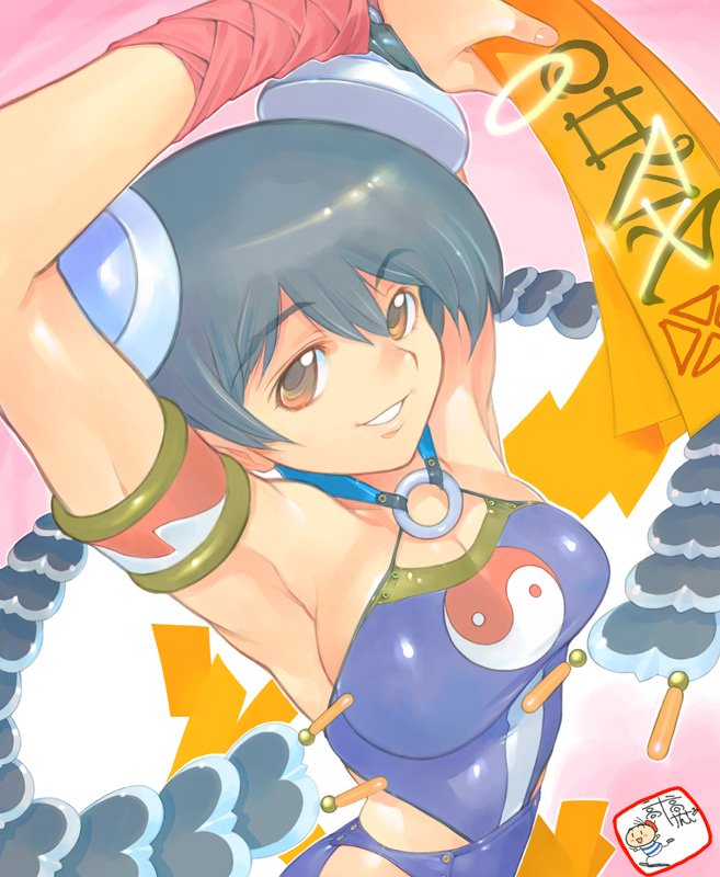 takahashi kenji, original, bad id, bad pixiv id, 1girl, artist name, black hair, breasts, female focus, playstation symbols, signature, solo, yin yang