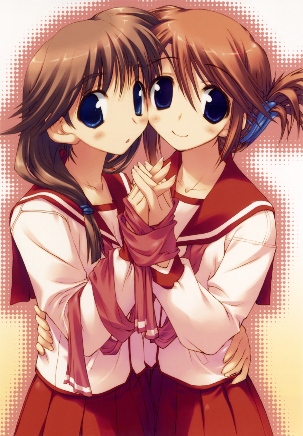 amazuyu tatsuki, komaki ikuno, komaki manaka, to heart (series), to heart 2, to heart 2 ad, highres, 00s, 2girls, blue eyes, brown hair, folded ponytail, hair ornament, hairclip, multiple girls, school uniform, serafuku, siblings, sisters, skirt