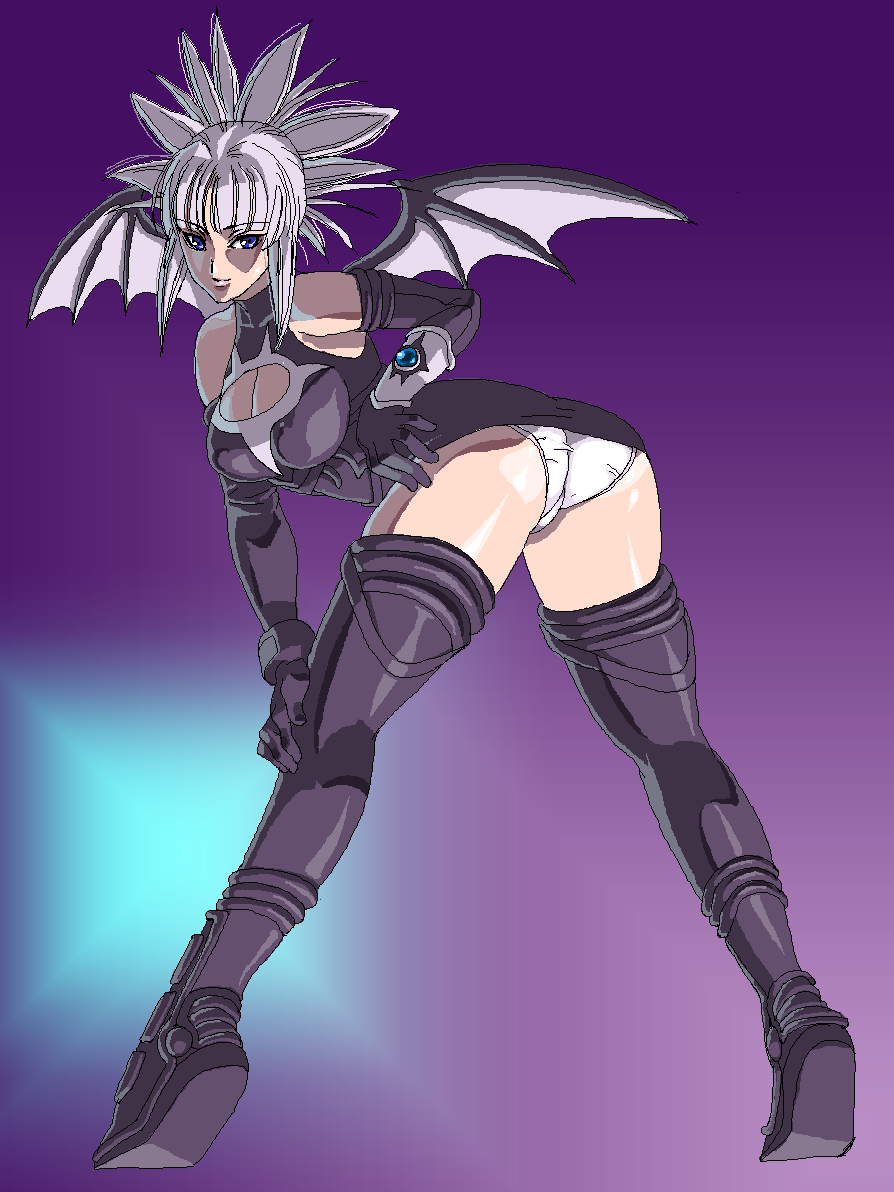 piyopiyomaru, komori aimi, shadow lady (character), shadow lady, 1girl, ass, bad anatomy, bat wings, bent over, blue eyes, boots, breasts, cleavage, cleavage cutout, clothing cutout, elbow gloves, female focus, gloves, large breasts, looking back, oekaki, panties, pantyshot, smile, solo, thigh boots, thighhighs, underwear, white hair, white panties, wings