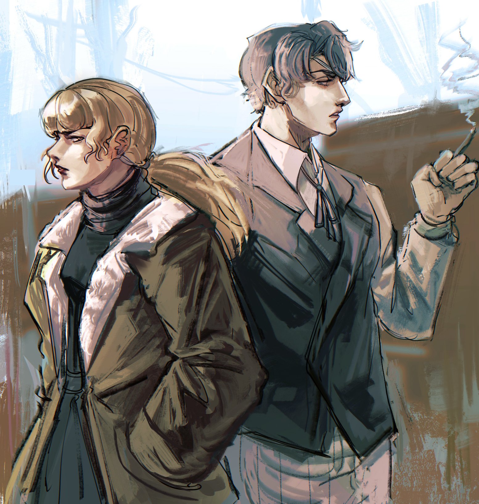 7ggforp, daan (fear & hunger), karin (fear & hunger), fear & hunger (series), fear & hunger 2: termina, commentary, highres, 1boy, 1girl, black hair, black sweater, black vest, blonde hair, bomber jacket, brown jacket, cigarette, collared shirt, hand in pocket, holding, holding cigarette, jacket, long sleeves, neck ribbon, open clothes, open jacket, ponytail, ribbon, shirt, smoking, sweater, turtleneck, turtleneck sweater, vest, white shirt