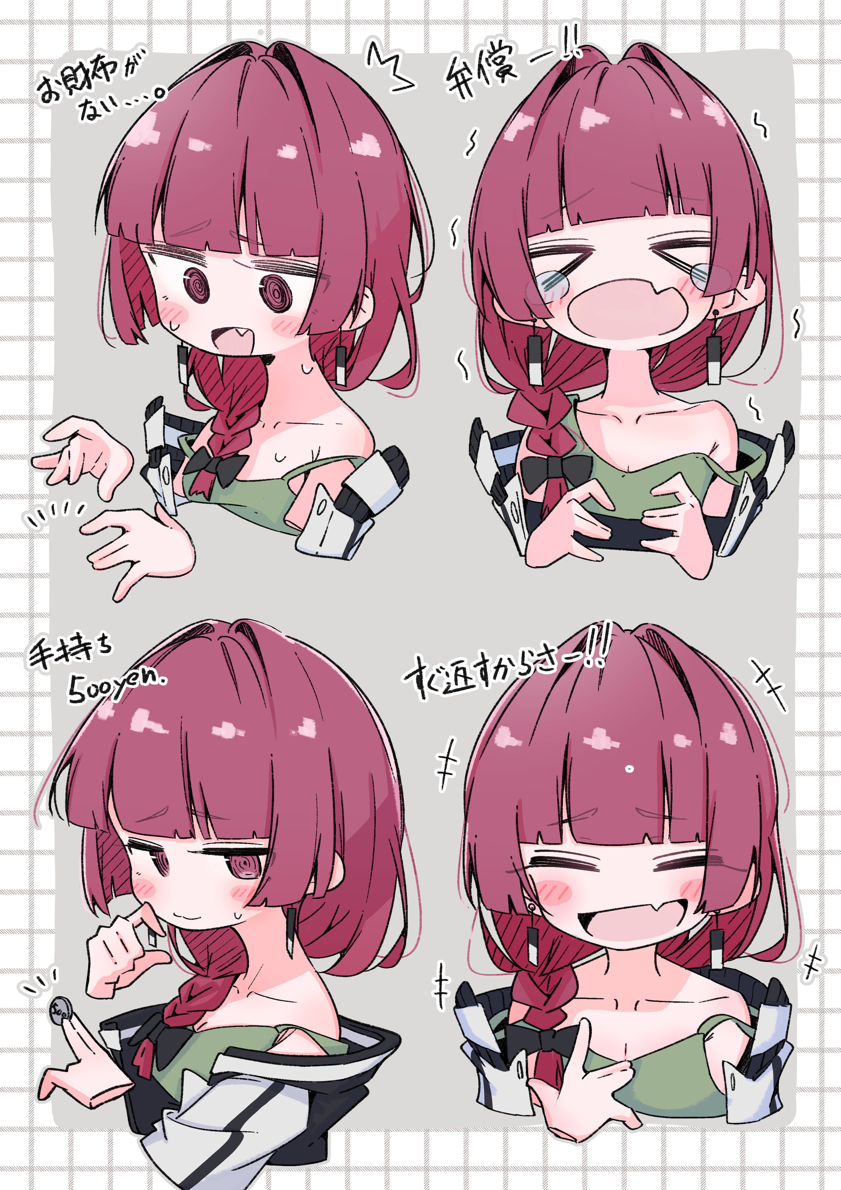 aomoringo, hiroi kikuri, bocchi the rock!, absurdres, commentary, highres, translated, > <, 1girl, bare shoulders, black bow, black jacket, blunt bangs, blush, bow, braid, braided ponytail, coin, disembodied hand, dress, earrings, fang, green dress, grey background, grid background, hair bow, hair intakes, hair over shoulder, hanafuda earrings, holding, holding coin, jacket, jacket partially removed, jewelry, long hair, looking at viewer, multicolored jacket, multiple views, purple eyes, purple hair, ringed eyes, simple background, skin fang, sundress, tearing up, two-tone jacket, upper body, white jacket, yen