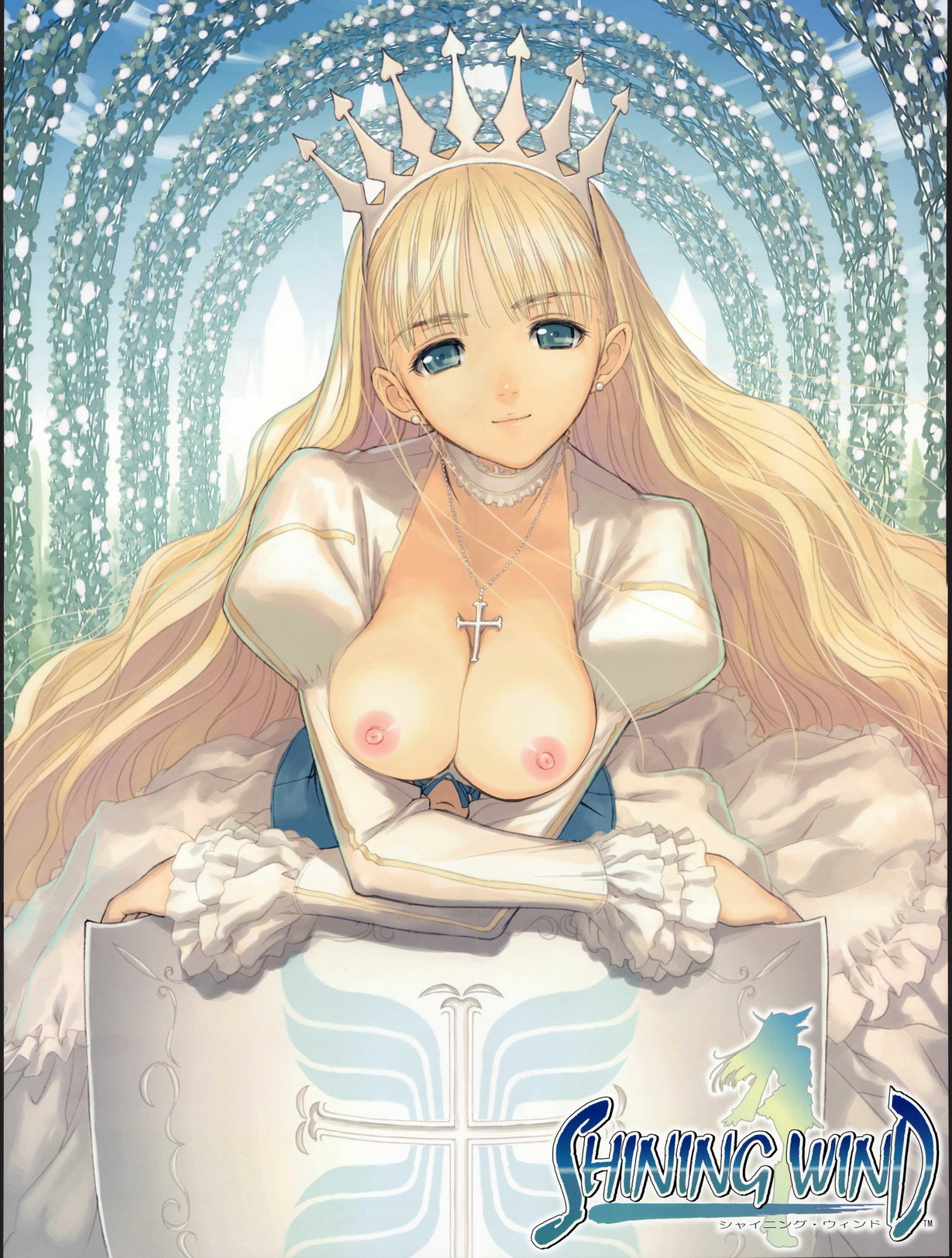 tony taka, clalaclan philias, sega, shining (series), shining wind, highres, nude filter, third-party edit, 1girl, aqua eyes, blonde hair, breasts, cleavage, cross, crown, earrings, female focus, jewelry, long hair, necklace, nipples, nude, princess, shield, solo, topless female, watermark