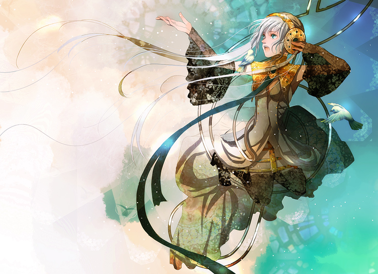 yuu (arcadia), hatsune miku, vocaloid, bad id, bad pixiv id, aqua eyes, aqua hair, bird, detached sleeves, dress, headphones, music, ribbon, singing, solo