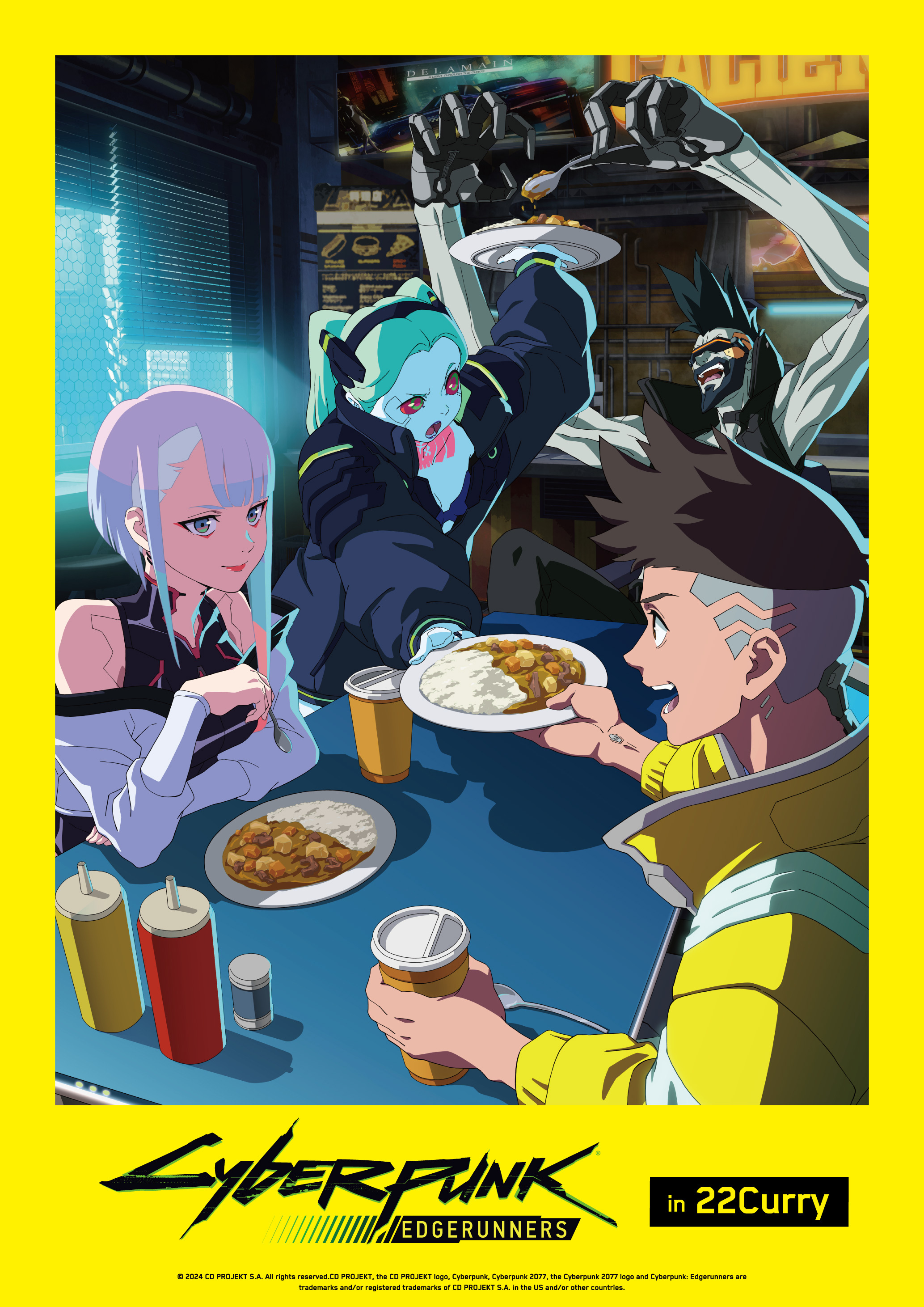 david martinez, lucy (cyberpunk), pilar (cyberpunk), rebecca (cyberpunk), cyberpunk: edgerunners, cyberpunk (series), cyberpunk 2077, trigger (company), absurdres, commentary request, highres, official art, 2boys, 2girls, breasts, colored sclera, cup, curry, curry rice, food, hand scoop, happy, holding, holding cup, multiple boys, multiple girls, plate, red sclera, rice, saucer, takafumi senda