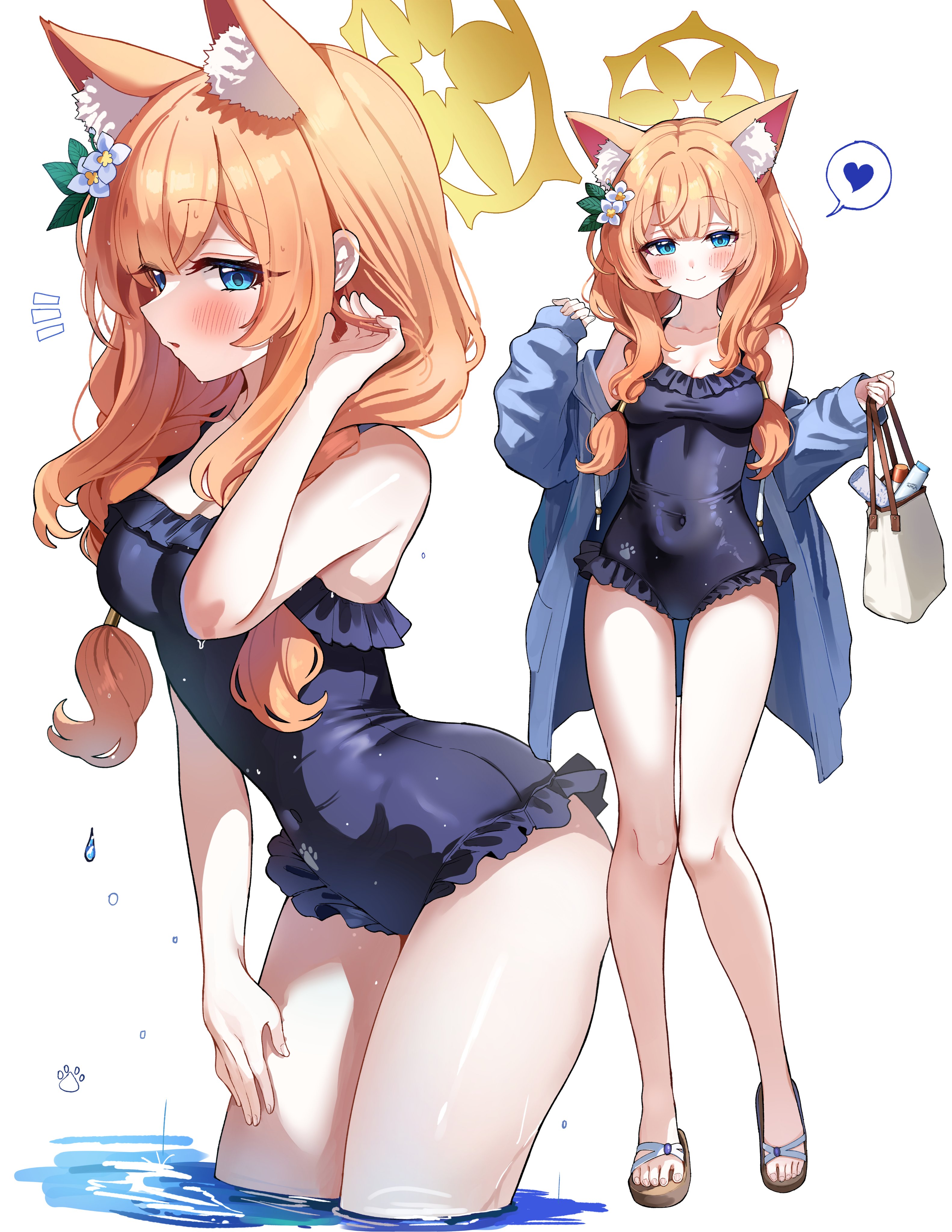 sak (lemondisk), mari (blue archive), mari (swimsuit) (blue archive), blue archive, absurdres, commentary, highres, 1girl, animal ear fluff, black one-piece swimsuit, blue eyes, blue jacket, blush, braid, breasts, casual one-piece swimsuit, cleavage, closed mouth, covered navel, flower, frilled one-piece swimsuit, frills, full body, hair flower, hair ornament, halo, heart, jacket, long sleeves, looking at viewer, low twin braids, medium breasts, multiple views, official alternate costume, one-piece swimsuit, open clothes, open jacket, orange hair, paw print, sandals, simple background, smile, spoken heart, standing, swimsuit, toes, twin braids, wading, wet, white background, white flower, yellow halo