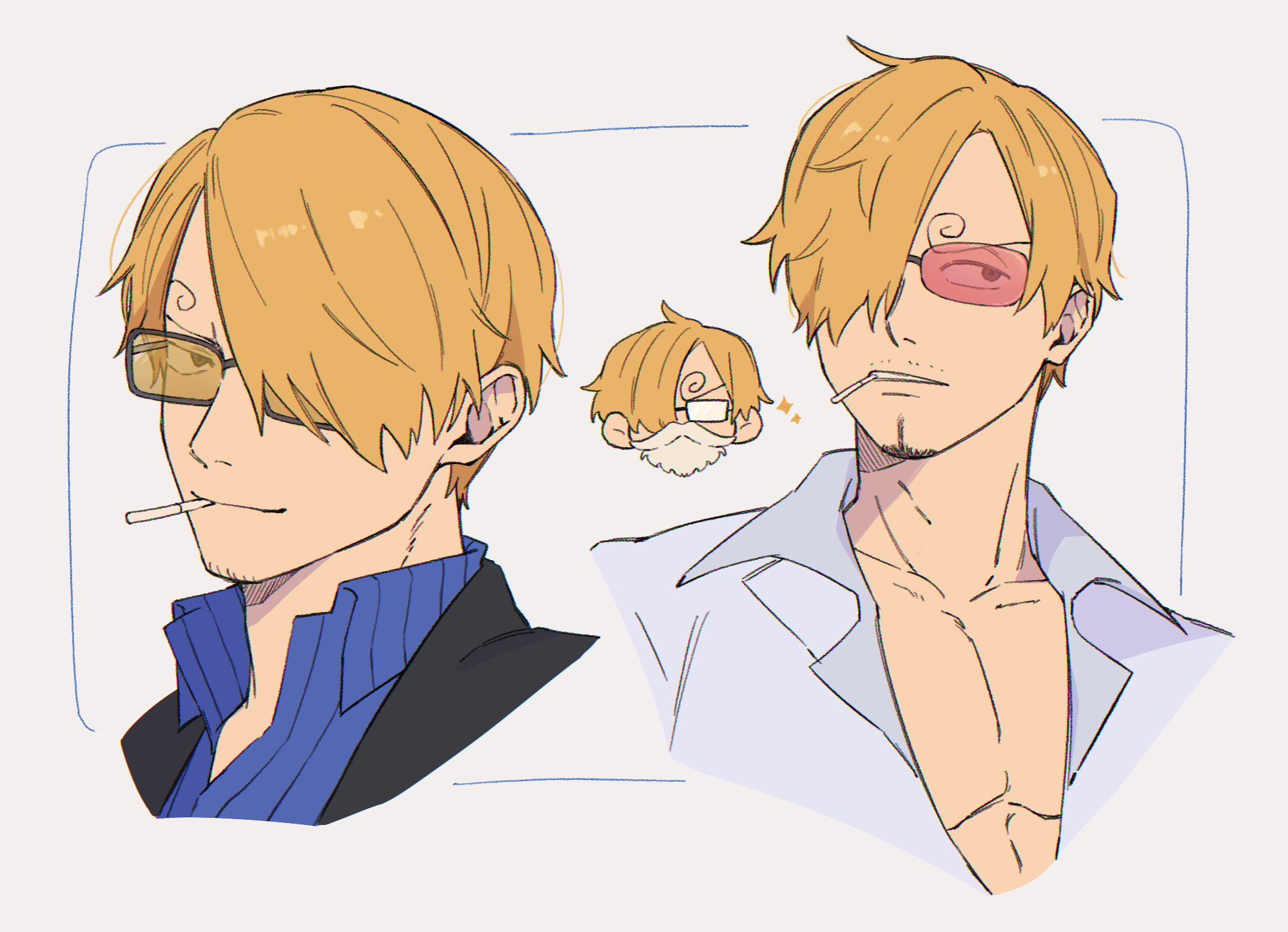 iqracha, sanji (one piece), one piece, commentary request, highres, 1boy, blonde hair, cigarette, collarbone, cropped torso, curly eyebrows, facial hair, fake beard, fake facial hair, fake mustache, goatee, goatee stubble, hair over one eye, male focus, mustache stubble, pectoral cleavage, pectorals, rectangular eyewear, red-tinted eyewear, shirt, stubble, tinted eyewear, white background, white shirt