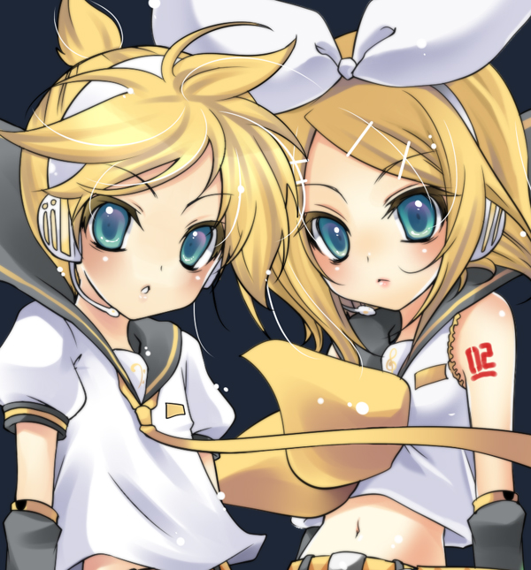 yukian, kagamine len, kagamine rin, vocaloid, bad id, bad pixiv id, 1boy, 1girl, aqua eyes, blonde hair, brother and sister, headset, navel, necktie, siblings, tattoo, twins