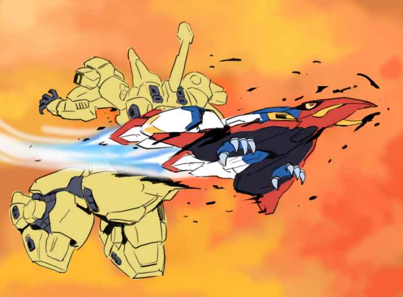 taedu, raideen (mecha), the o (mobile suit), zeta gundam (mobile suit), gundam, raideen (series), super robot wars, super robot wars y, yuusha raideen, zeta gundam, aeug, mecha, mecha focus, mobile suit, no humans, retro artstyle, robot, science fiction, titans (gundam), waverider crash, yellow eyes