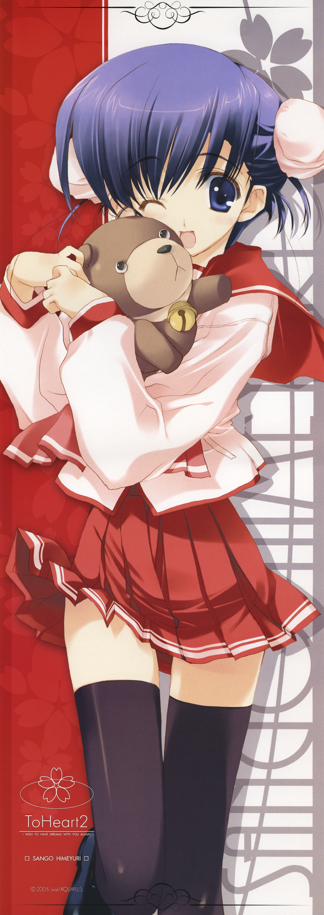 nakamura takeshi, himeyuri sango, to heart (series), to heart 2, to heart 2 xrated, absurdres, highres, long image, tall image, 00s, 1girl, blue eyes, blue hair, blush, bun cover, double bun, female focus, hair bun, matching hair/eyes, one eye closed, school uniform, serafuku, short hair, skirt, solo, stick poster, stuffed animal, stuffed toy, teddy bear, thighhighs, wink, zettai ryouiki