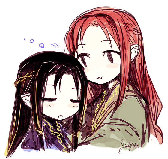 tokidoki tidori, fingon, maedhros, the silmarillion, tolkien's legendarium, 2boys, :3, artist name, black hair, braid, chibi, closed eyes, closed mouth, cousins, crown braid, elf, height difference, long hair, looking at another, male focus, multiple boys, parted bangs, pointy ears, red hair, sidelocks, signature, simple background, upper body, white background, yaoi