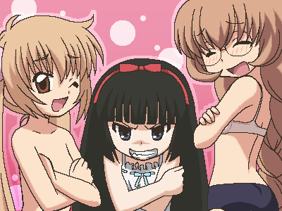 awa, kagami kuro, kokonoe rin, usa mimi, kodomo no jikan, lowres, 00s, 3girls, :d, bra, covering breasts, covering privates, jaggy lines, loli, multiple girls, oekaki, one eye closed, open mouth, smile, topless female, underwear, underwear only