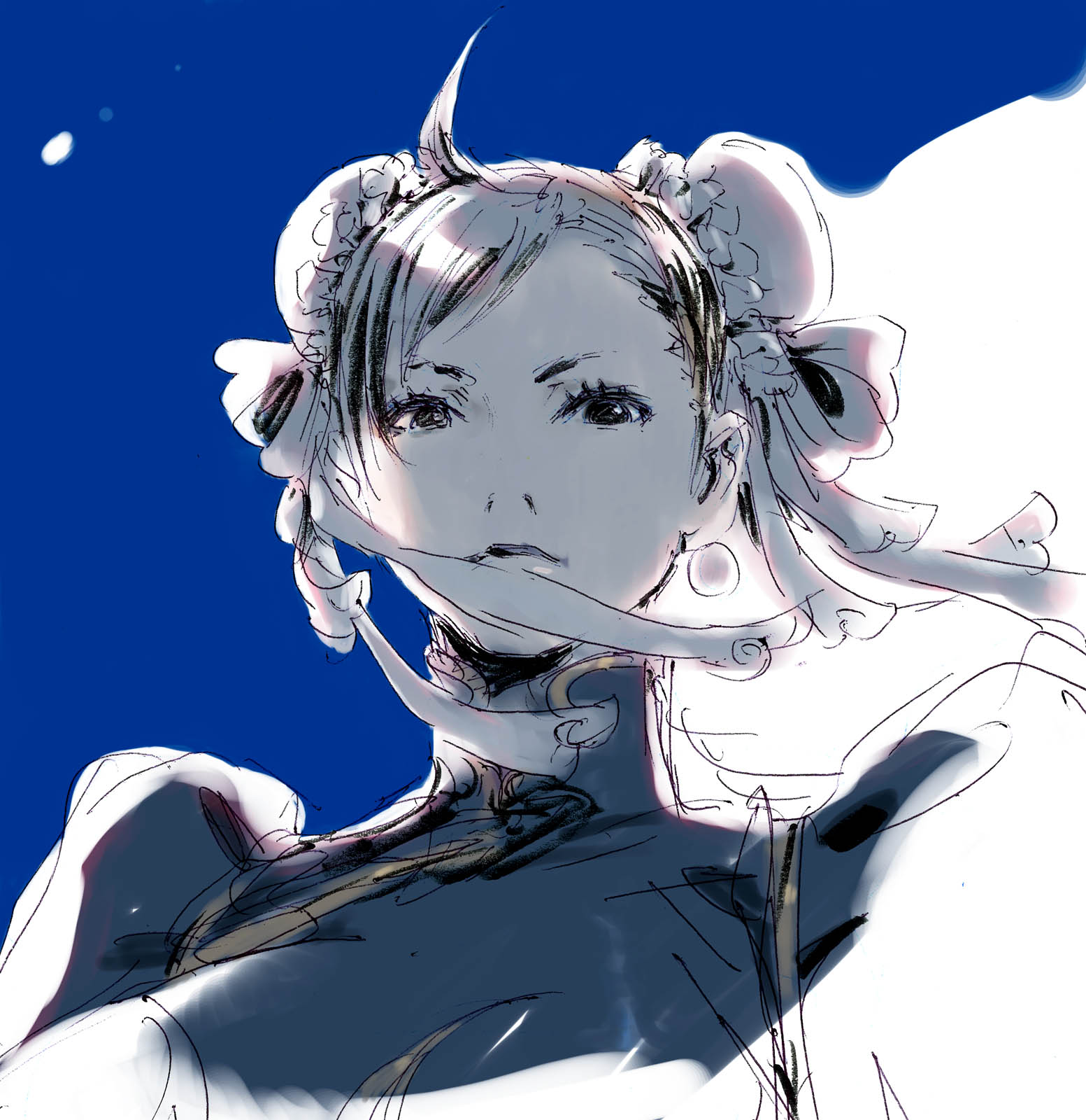 yasuda akira, chun-li, capcom, street fighter, highres, 1girl, ahoge, blue theme, bow, bun cover, china dress, chinese clothes, closed mouth, double bun, dress, expressionless, female focus, frills, from below, hair bow, looking at viewer, looking down, monochrome, short hair, sketch, solo, two-tone background, upper body