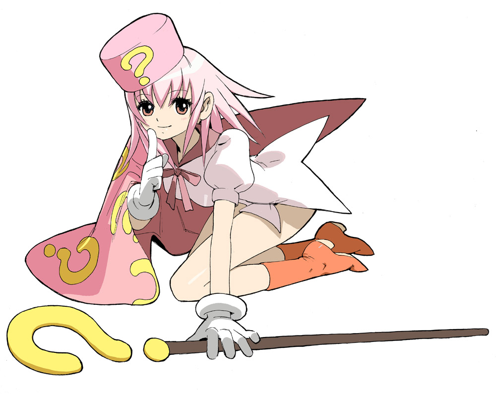 yasuda akira, hatena yousei, benesse, 1girl, ?, boots, bow, cape, female focus, gloves, hat, pink eyes, pink hair, pink hat, solo, staff