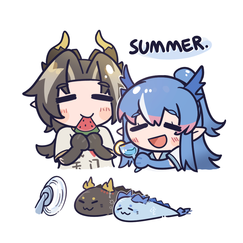sukey four, chongyue (arknights), ling (arknights), arknights, 1boy, 1girl, blue hair, chibi, chibi only, closed eyes, cocktail, cup, curtained hair, drinking glass, electric fan, food, food in mouth, fruit, long hair, open mouth, pointy ears, ponytail, summer, watermelon, wine glass