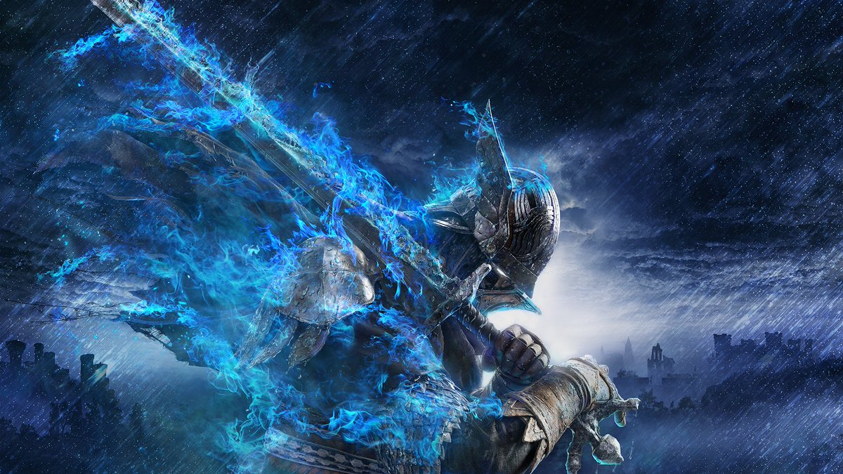 wylder (elden ring), elden ring, elden ring nightreign, official art, 1boy, armor, blue fire, fire, flaming sword, flaming weapon, full armor, gauntlets, greatsword, helm, helmet, holding, holding sword, holding weapon, knight, male focus, pauldrons, rain, shoulder armor, solo, sword, weapon, winged helmet