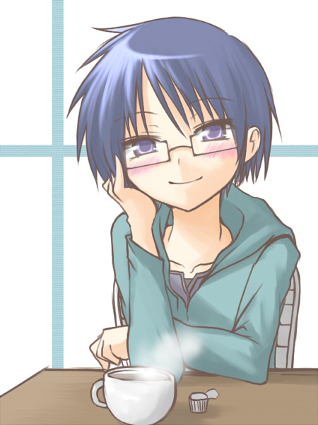hane (hanegoya), sae (hidamari sketch), hidamari sketch, 00s, 1girl, blue eyes, blue hair, blush, cup, female focus, glasses, hood, hoodie, matching hair/eyes, short hair, solo