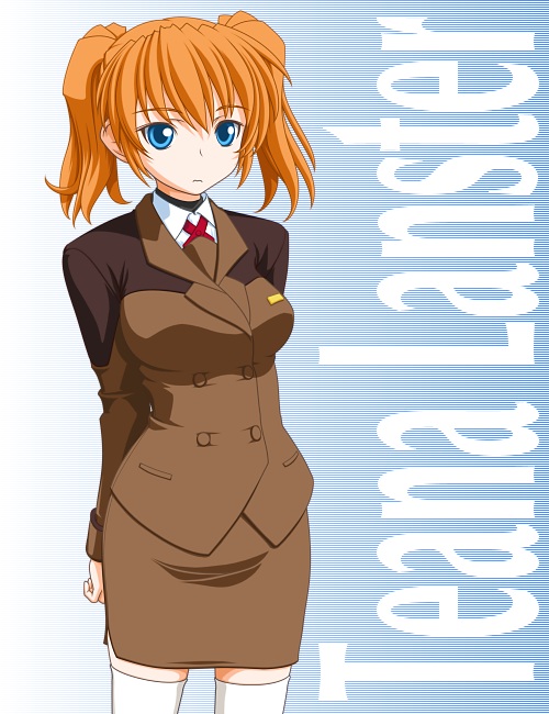 t2r, teana lanster, lyrical nanoha, mahou shoujo lyrical nanoha, mahou shoujo lyrical nanoha strikers, 00s, 1girl, 3:, blue eyes, female focus, frown, military, military uniform, orange hair, pencil skirt, short hair, short twintails, skirt, solo, thighhighs, twintails, zettai ryouiki
