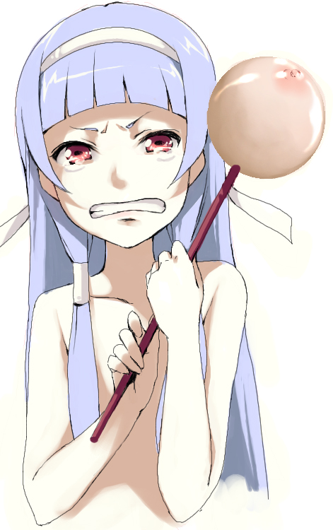 maskman, nagi, kannagi, 00s, 1girl, angry, blue hair, blunt bangs, censored, clenched teeth, convenient censoring, female focus, flat chest, hair over breasts, hair tubes, hairband, long hair, red eyes, solo, tears, teeth, topless female, wand