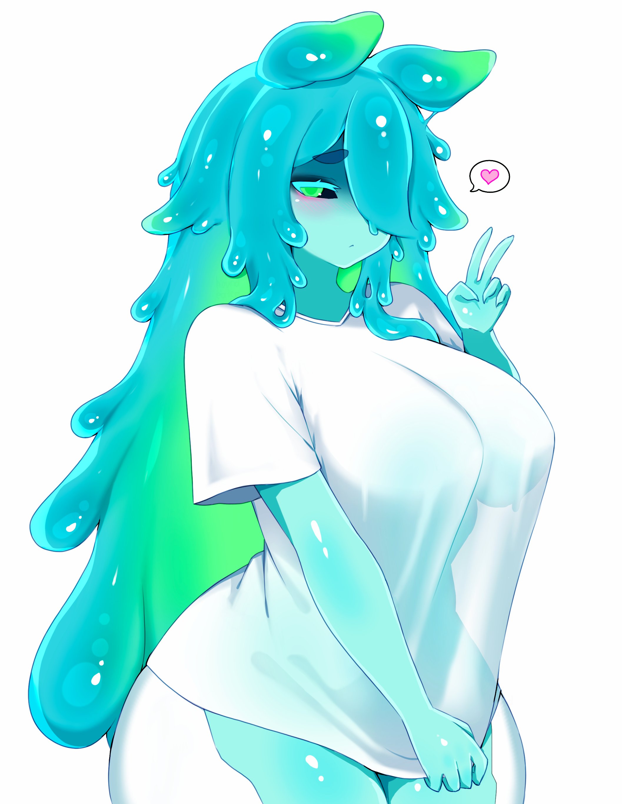 houndeater, original, absurdres, highres, antennae, black sclera, breasts, colored sclera, large breasts, long hair, monster girl, pee-chan (houndeater), plump, see-through clothes, see-through shirt, shirt, slime (substance), slime girl, slime hair, t-shirt, underboob