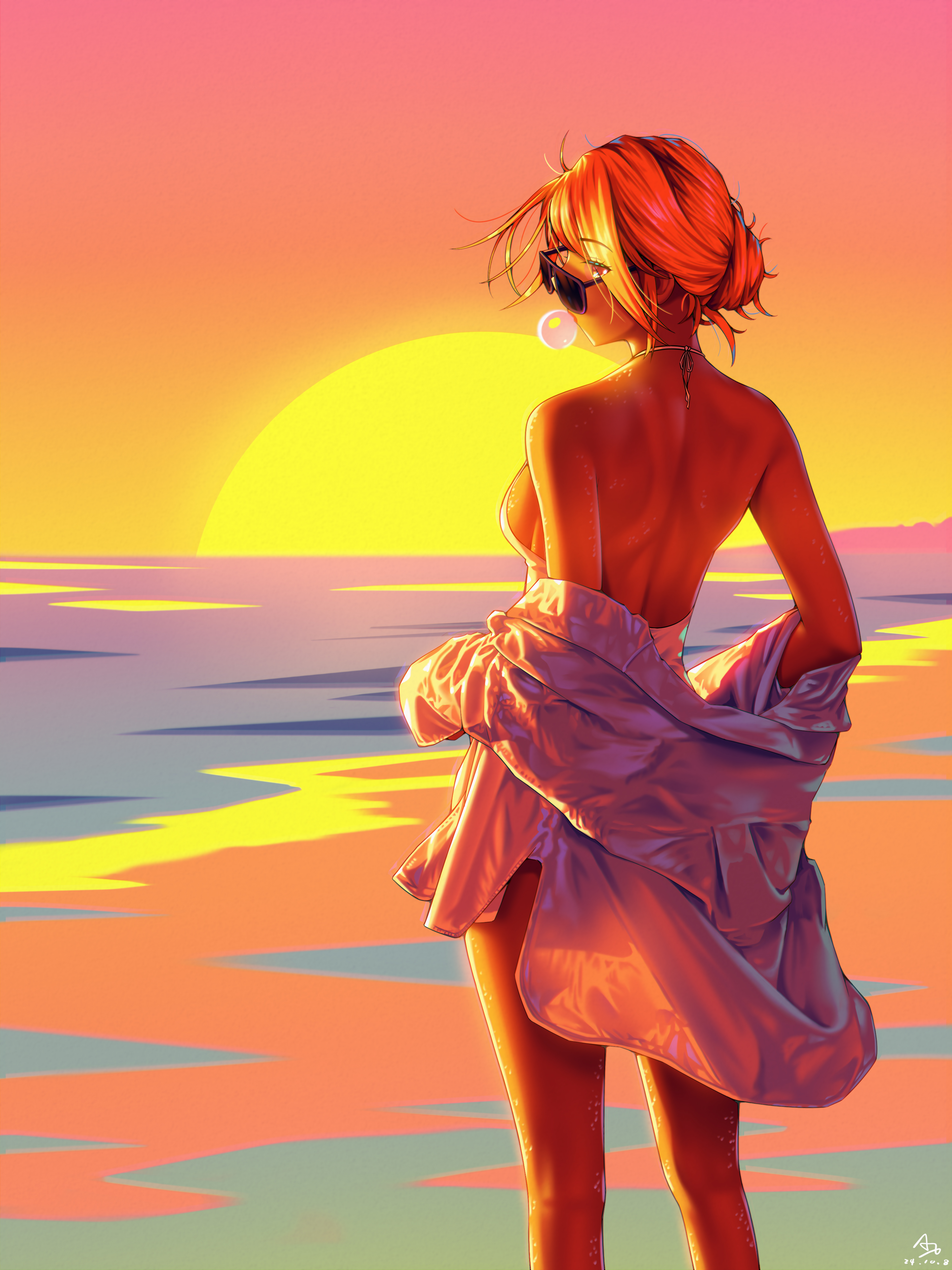 a.x., original, absurdres, highres, 1girl, bare shoulders, beach, breasts, chewing gum, feet out of frame, from behind, golden hour, hair bun, horizon, looking to the side, ocean, one-piece swimsuit, orange sky, shirt, shore, sideboob, single hair bun, sky, solo, sun, sunglasses, sunset, swimsuit, undressing, white one-piece swimsuit, white shirt