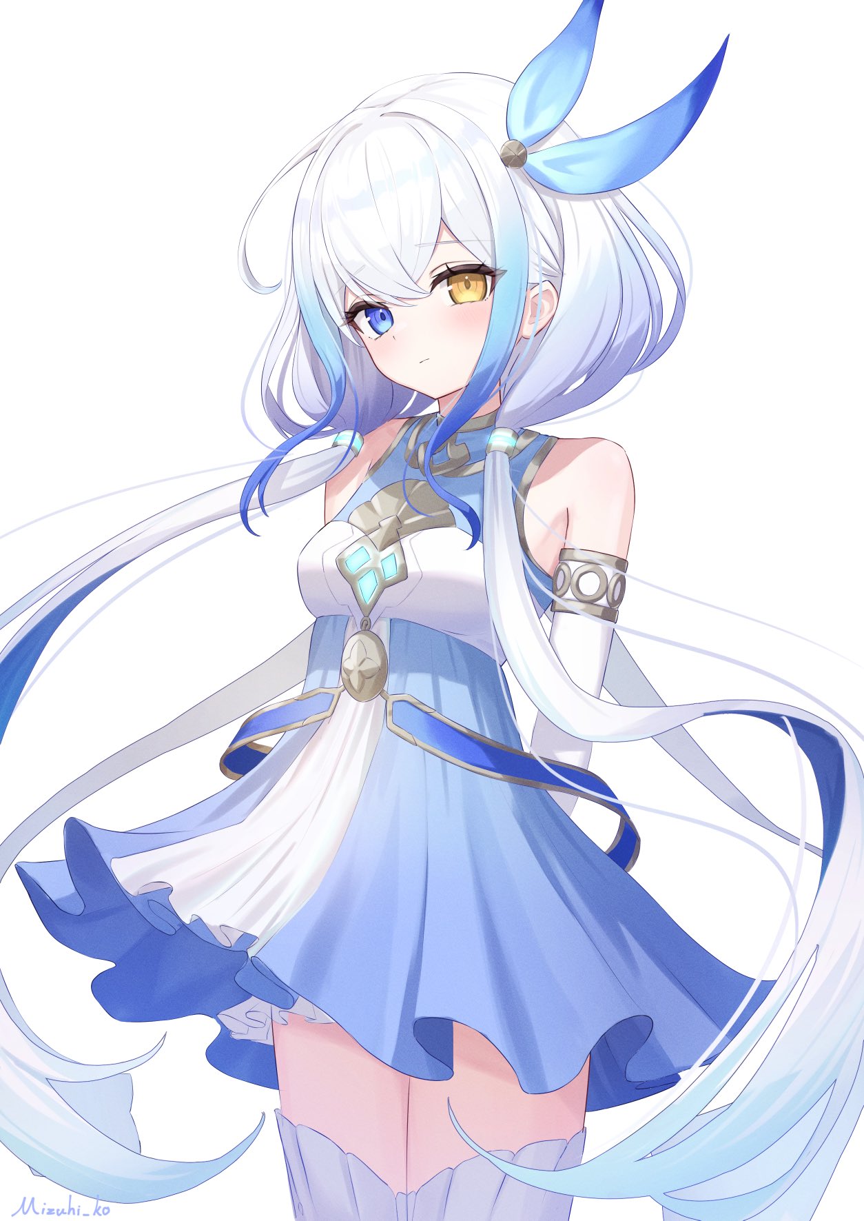 mizuhi kou, shadowverse, shadowverse: worlds beyond, commentary request, highres, dress, hair ornament, heterochromia, long hair, long sleeves, looking at viewer, white background, white hair