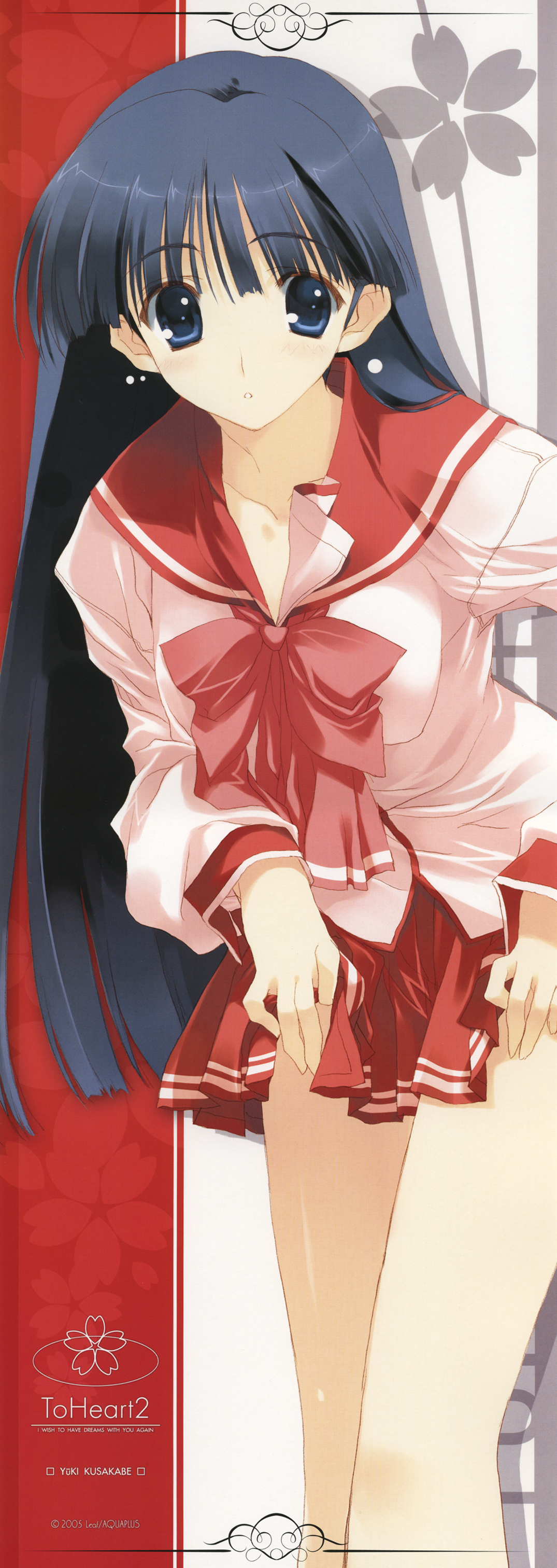 nakamura takeshi, kusakabe yuuki (to heart 2), to heart (series), to heart 2, to heart 2 xrated, absurdres, highres, long image, tall image, 00s, blue eyes, blue hair, blush, clothes lift, long hair, school uniform, serafuku, skirt, skirt lift, solo, stick poster