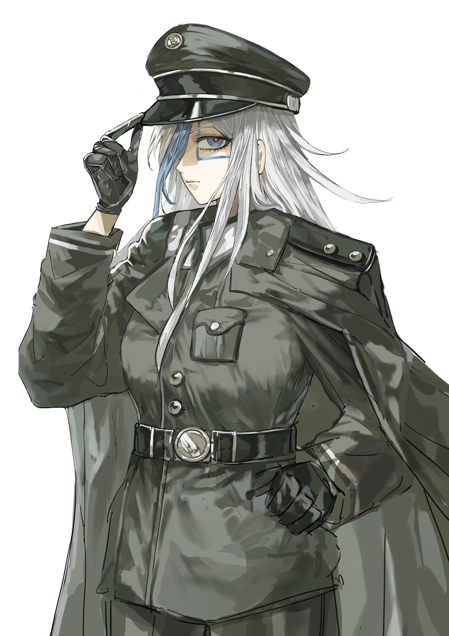 the hundred line -last defense academy-, hashtag-only commentary, highres, 1girl, ali 0802595, blue hair, cape, facial mark, hat, heterochromia, long hair, military hat, military uniform, multicolored hair, purple eyes, red eyes, streaked hair