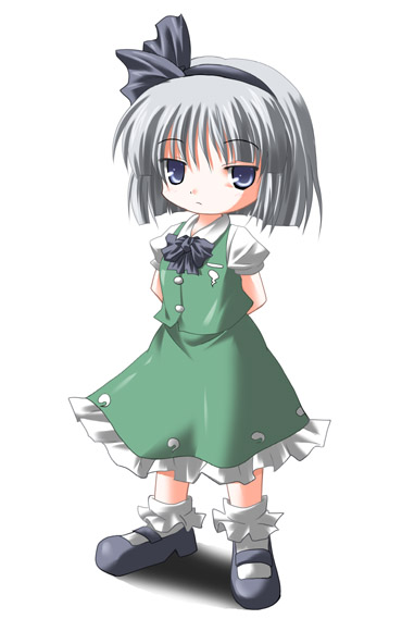 subaru noji, konpaku youmu, touhou, silver hair, 1girl, arms behind back, blue eyes, bobby socks, buttons, dress, female focus, full body, green dress, hair ribbon, hairband, looking at viewer, mary janes, puffy short sleeves, puffy sleeves, ribbon, shoes, short hair, short sleeves, socks, solo, standing, white socks