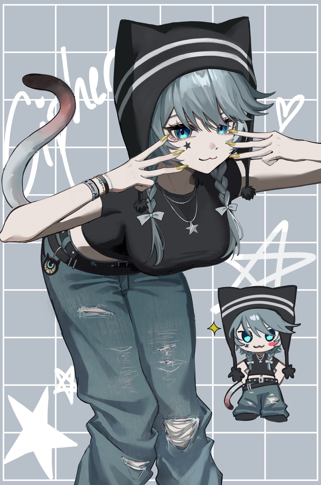cipher (honkai: star rail), honkai: star rail, honkai (series), hashtag-only commentary, highres, 1girl, alternate costume, animal ears, belt, black belt, black shirt, blue eyes, breasts, cat ears, cat girl, cat tail, character name, chibi, denim, double w, facial mark, grey background, grey hair, grid background, jeans, jewelry, kurokun1025, large breasts, leaning forward, necklace, pants, shirt, solo, star (symbol), star facial mark, tail, torn clothes, torn jeans, torn pants, w