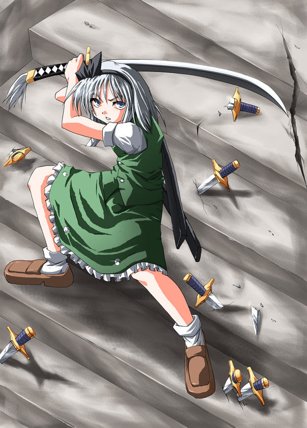 subaru noji, konpaku youmu, touhou, silver hair, 1girl, blush, bobby socks, dagger, dress, female focus, fighting stance, full body, green dress, green eyes, katana, knife, legs apart, loafers, looking at viewer, scabbard, sheath, shoes, socks, solo, stairs, standing, sword, unsheathed, weapon, white socks