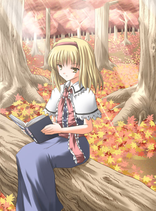 subaru noji, alice margatroid, touhou, 1girl, autumn, autumn leaves, blonde hair, book, capelet, female focus, hairband, holding, holding book, leaf, light rays, open book, plant, puffy short sleeves, puffy sleeves, short hair, short sleeves, sitting, solo, tree, tree stump