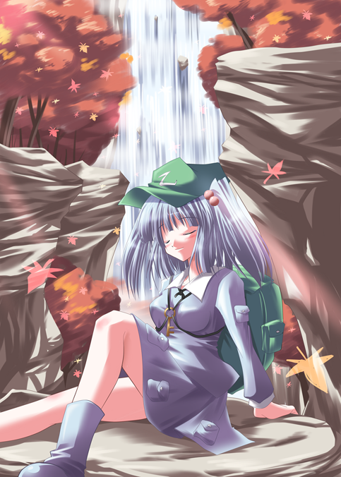 subaru noji, kawashiro nitori, touhou, 1girl, autumn, breasts, closed eyes, dress, female focus, forest, hat, leaf, nature, outdoors, plant, solo, two side up, water, waterfall