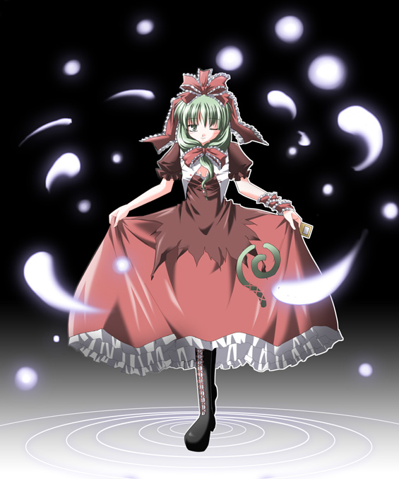 subaru noji, kagiyama hina, touhou, 1girl, boots, clothes lift, dress, dress lift, female focus, front ponytail, hitodama, lace-up boots, one eye closed, skirt hold, solo, spell card
