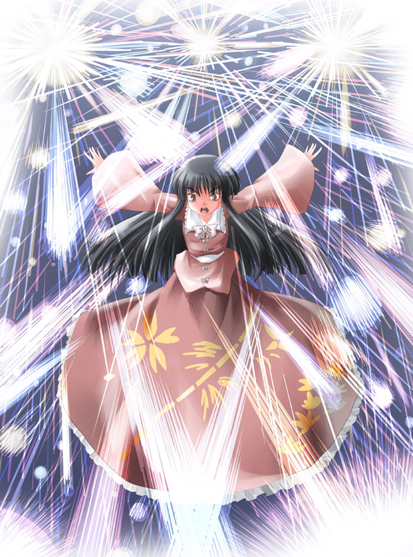subaru noji, houraisan kaguya, touhou, 1girl, black hair, danmaku, dress, energy, female focus, leaf print, long hair, long sleeves, looking at viewer, magic, outstretched arms, red dress, red eyes, solo, very long hair
